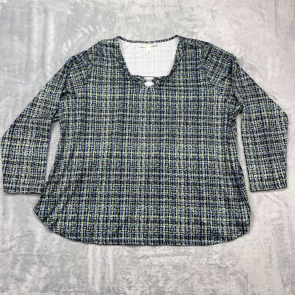 Emaline Woman 2X Black Blue Green Plaid Print V Neck Long Sleeve Tunic‎ Top
